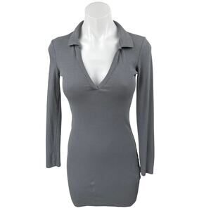 Zara Gray Ribbed Knit Long Sleeve Collared Deep V Polo Mini Bodycon Dress Size S